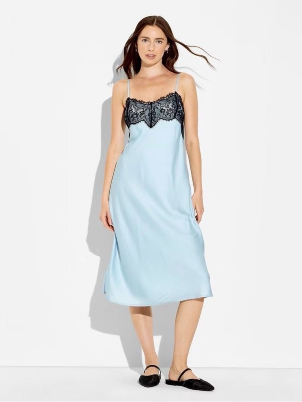 wild fable Light Blue Slip Midi Dress with Black Lace